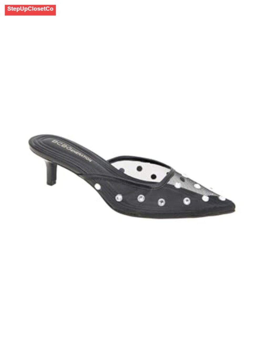 Mesh Rhinestone Pointed Toe Kitten Heel Slip-On Mule